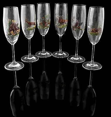 Set Of 6 Champagne Glasses With Animals Gift Deer Elk Boar Rabbit Pheasant New • $32