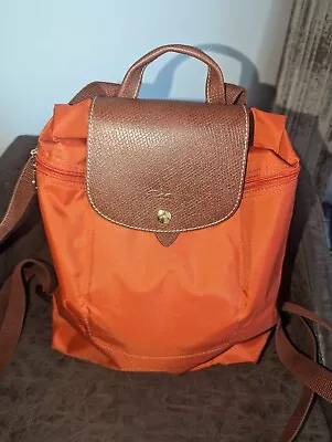 Longchamp Le Pliage Orange/Brown Leather Nylon Backpack 12X11 Inches • $34.99