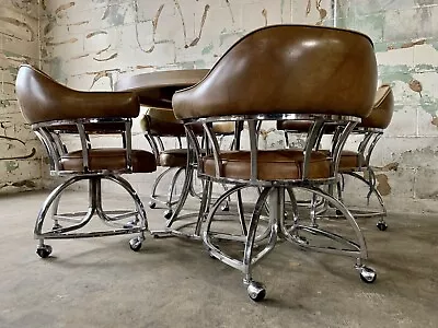 Vintage Mid Century Modern Dining Set Chrome Brown Naugahyde Chairs Faux Leather • $3999.95