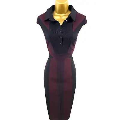 UK 10 KAREN MILLEN Stunning Wine Black Tailored Military Shirt Pencil Dress • £99.99