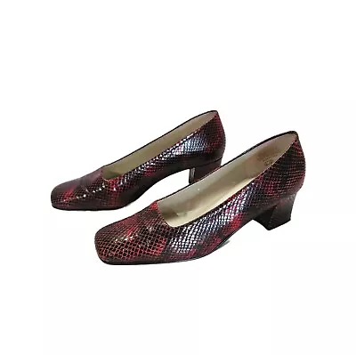 Enzo Angiolini MONARCHY Heels 7.5 Red Black Leather Snakeskin Square Toe Pumps • $20.50