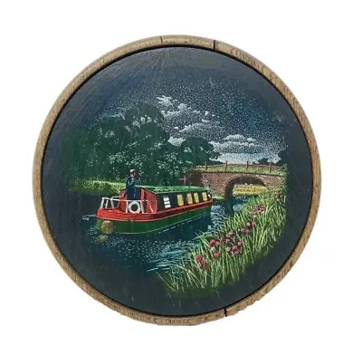 Canal Art Slate Boat Handpainted Round Picture Wooden Frame Vtg 24cm Diameter  • £35.99