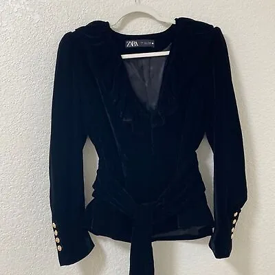Zara Velvet Top Women's Large Puffed Sleeves Black • $59.25