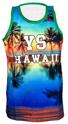 Mens Hawaii Retro Vest Sleeveless T Shirt Summer Printed Front Back Top Mesh  • £6.99