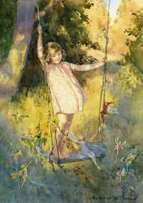 Girl On Swing With Fairies All Around By Margaret Tarrant • $16.95