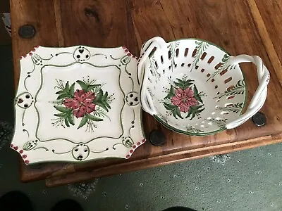 Vintage China Decorative Plate & Basket Set With Christmas Poinsettia Excellent • £11.50