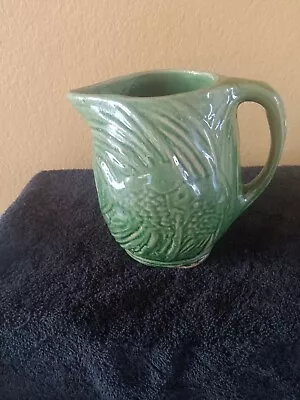 Vintage Glazed Green Stoneware Pitcher Very Old With Gorgeous Angel Fish • $16.99