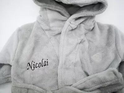 Embroidered Personalised Soft Baby  Dressing Gown Bath Robe Teddy EARS NEW GREY • £13.45