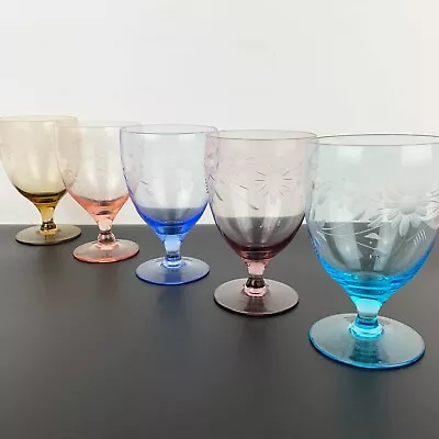 Set Of 5 Mid Century Modern Harlequin Stemmed Wine Parfait Glass Floral Etching • $49