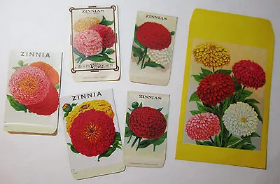 SUPER Lot Of 6 - Burt's ZINNIA  Seed Packet Envelopes LG 9 1/2 X 5 3/4 Etc Litho • £33.26