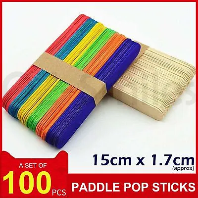 100 X Wooden Craft Stick Paddle Pop Sticks Coffee Tea Ice Cream 15cm X 1.7cm • $4.95
