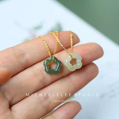 £14.95 • Buy Natual Green Jade Flower Pendant Necklace, Sterling Silver Choker 