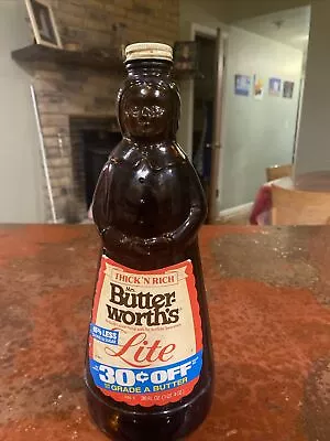 MRS. BUTTERWORTH'S  Glass Syrup Bottle 36 Oz 11  Tall W Metal Cap & Paper Label • $14.89