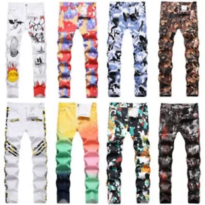 New Fashion Men Jeans Stretch Slim Fit Pants Casual Pants Printed Long Trousers • $19.96