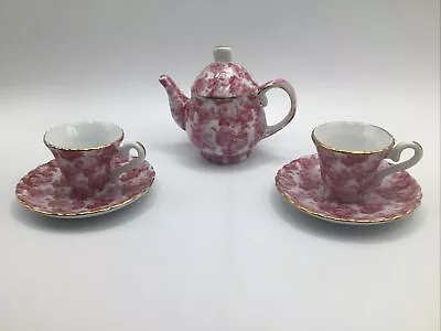 Vintage Miniature ￼￼Porcelain Red Floral Teapot W/2 Cups/Saucers Display Set • $14.99