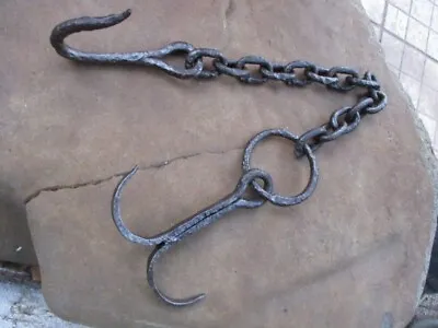 Vintage Blacksmith Wrough Iron 2 Claws Old Hook & Chain Boat Maritime Hand Tool • $90.97