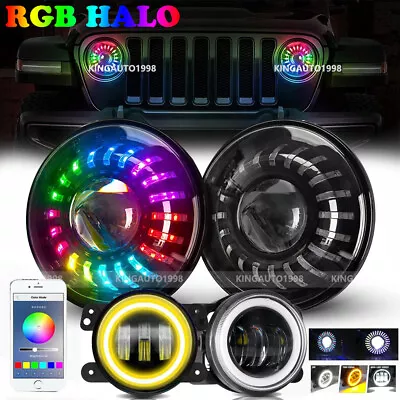 $209.99 • Buy 7 & 4  RGB LED Halo APP Headlights Amber Fog Lights For Jeep Wrangler JK JKU