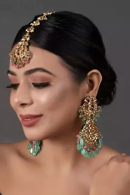 Mint Green Earrings Tikka Set Gold Plated Indian Kundan Bridal Jewelry Set • $77.91