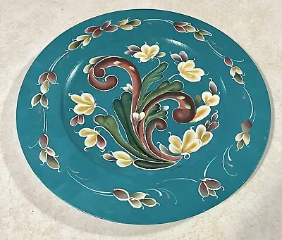 Norwegian Rosemaling Wood Hand Painted Plate 12” Wall Decor Teal Folk Art Signed • $28.99