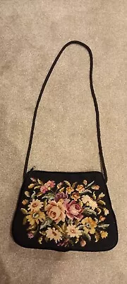 Vtg 1970s FLORAL  Tapestry Black Velvet Handbag • £9.99