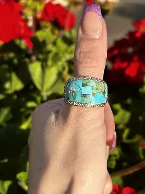 Sonoran Gold Turquoise Inlay Sterling Silver Navajo Handmade Mens/Womens Ring • $450