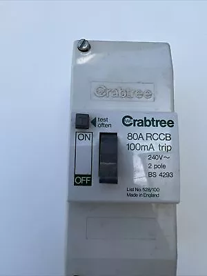 CRABTREE 80 AMP 100mA DOUBLE POLE RCCB RCD 528/100 80a Trip • £31.50