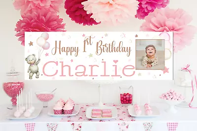 Personalised First Birthday Banner 1st Party Decorations Photo Beary Blue Pink • £8.95