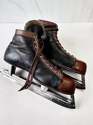 Vintage Black And Brown Leather Men's Figure Ice Skates Size 8 Winter Decor • $79