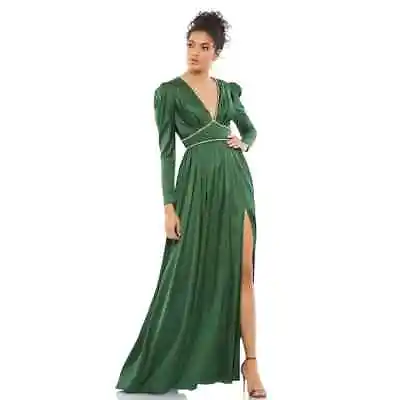 Mac Duggal 55702 Emerald Green Satin Puff Shoulder Rhinestone Encrusted Gown • $90