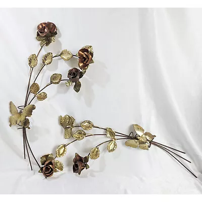 Two-tone Brass Metal Roses Leaves Butterfly 3D Wall Art  Gold Copper Color 20x7  • $19.99