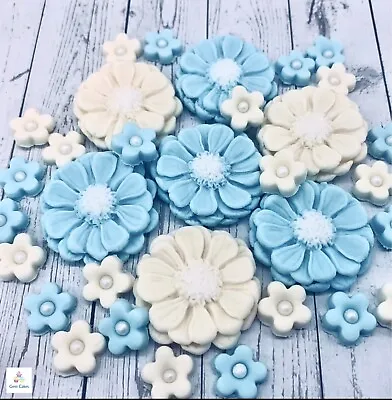 30 Edible Blue & Cream Flowers Fondant Cake Toppers Birthday Baby Shower Wedding • £5.99