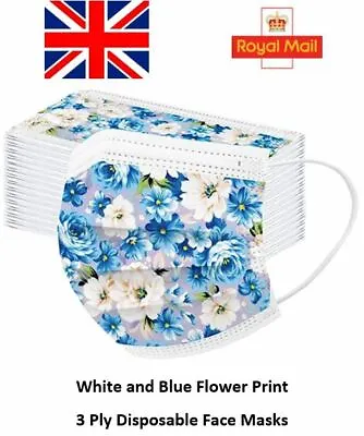White And Blue Flower Print Disposable Face Masks 3 Ply Surgical Medical Covers • £2.39