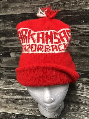 Vintage 70s 80s Arkansas Razorbacks Knit Hat Beanie Pom Winter Red White Adult • $15