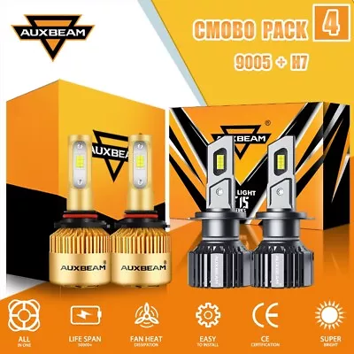 AUXBEAM LED Headlights High Low Beam Bulbs Canbus 6500K Bright White 9005 HB3 H7 • $69.99