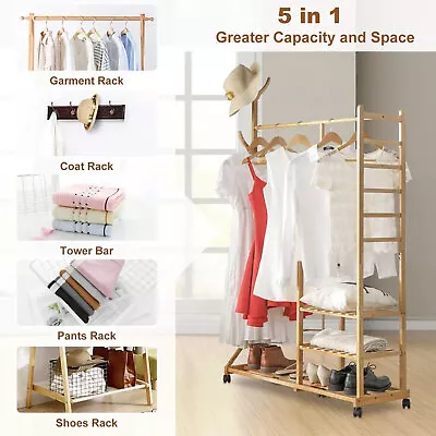 Freestanding Bamboo Clothes Rail Shelf Rolling Garment Closet Organizer Stand US • $50.76