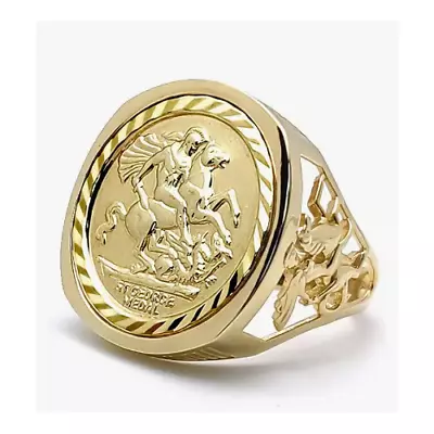 9ct Gold Dragon Slayer St George & Dragon Medallion Ring Full Sov Size • £499
