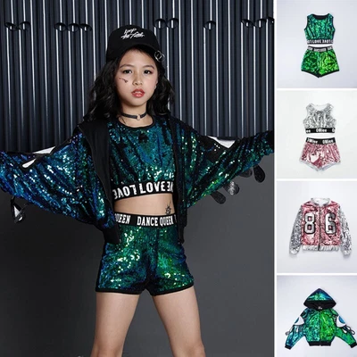 £24.95 • Buy Street Dance Costumes Girls Kids Modern Sequins Jazz Hip Hop Performance Suit UK