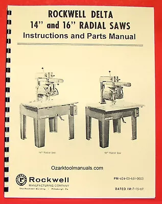 ROCKWELL 14  & 16  Radial Arm Saw Owners Instructions Parts Manual 0594 • $42.73
