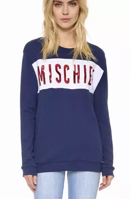 ZOE KARSSEN Mischief Blue Sequin Embellished Slogan Sweatshirt Jumper Size M • £15