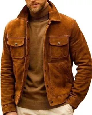 Men's Suede Leather Jacket Biker Brown Casual Real Suede Shirt Jacket • £101