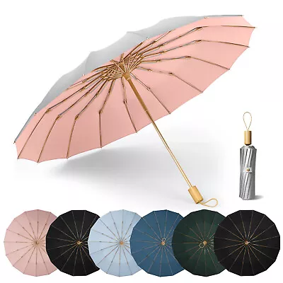 Folding Umbrella UPF 50+ UV Protection 16 Fibreglass Ribs Windproof Sun Blocking • $46.49