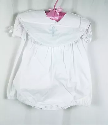 NWT NOS Mud Pie White Cotton Christening Baptism Baby Girl Romper W Cross 0-6 MO • $15