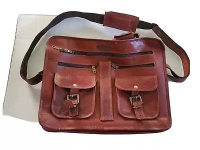 HW Handmade World Genuine Leather Brown Detachable Strap Laptop Briefcase Bag • $58