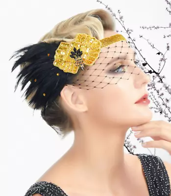 1920s Flapper Gold Headband Black Feather Sequins Net Headpiece Gatsby Party 20s • $10.99