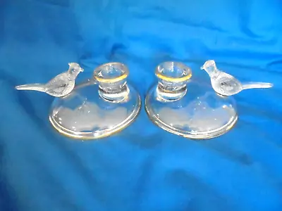 Vintage Pair Of Jeanette Clear Glass Pheasant Candle Stick Holders W/ Gold Trim • $12.99