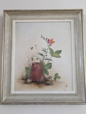 $380 • Buy Charming Vintage Oil Painting  Canvas Board  Life Around A Flower Pot 