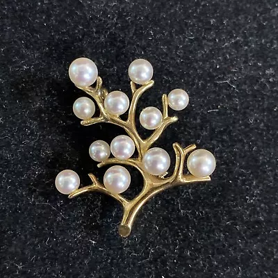 Mikimoto 14K Gold And 12 Pearl Tree Of Life Floral Brooch 6.1g • $750