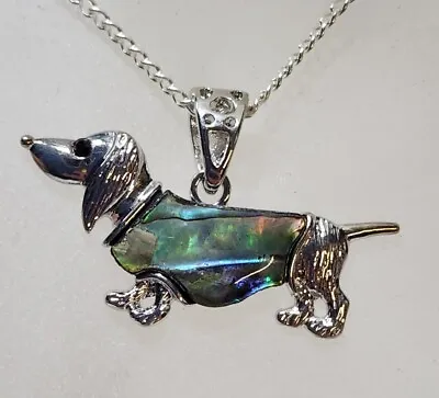 Silver Plate Dachshund Dog Abalone Shell Inlay Pendant Silver Plate Chain New • $15