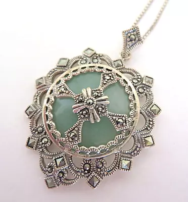 Vintage Art Deco Sterling  Green Chrysoprase Stone Marcasite Pendant Necklace • $13.50