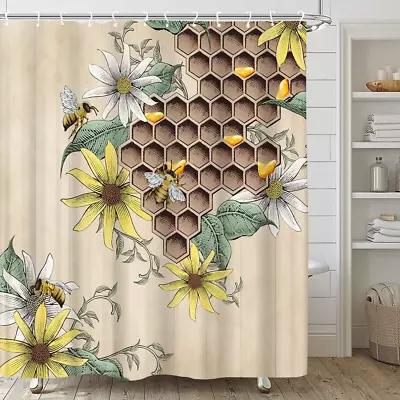 TENVSIN Bee Shower Curtain Vintage Country Animals Honeycomb Honey Daisy Sun Old • $23.05